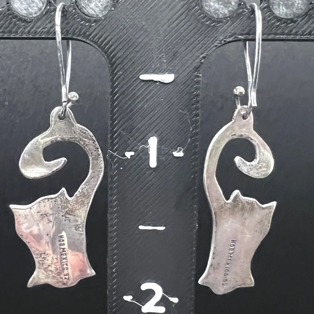 Vtg Mexico Sterling Silver Cat Earrings Dangle Drop Anthropomorphic Figural 5g